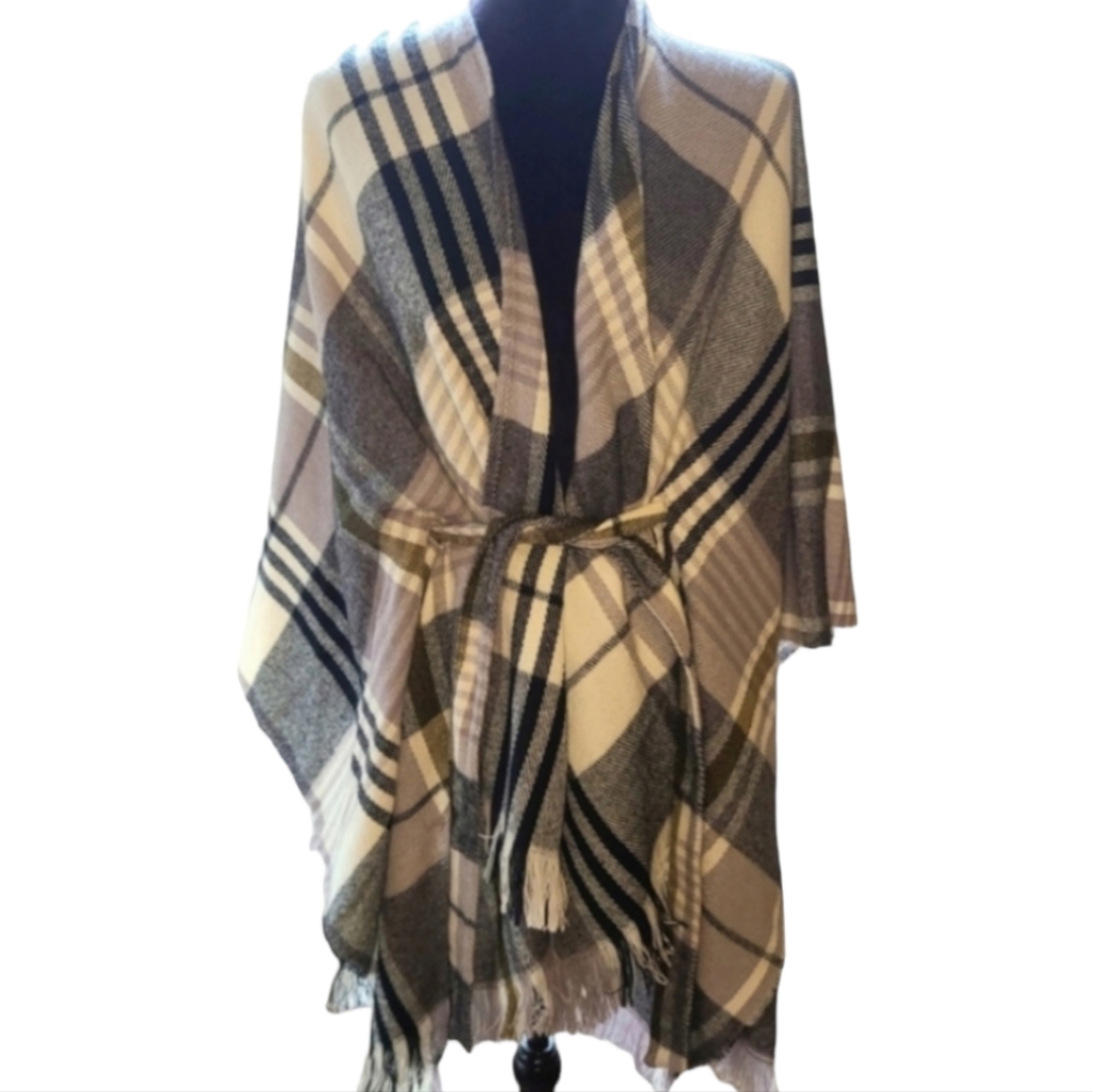 David & Young Plaid Belted Kimono One Size EUC